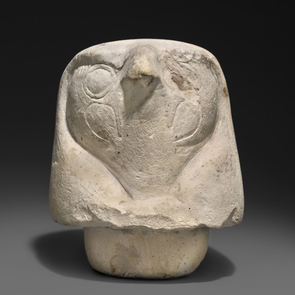 Canopic jar lid — falcon head;, Canopic jar lid in the shape of a plastically modeled falcon head,