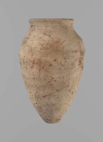 Vessel with hieratic inscription. Conical clay vessel tapering to a pointed bottom; irregular,