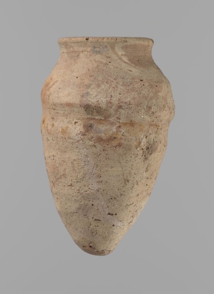 Vessel with hieratic inscription. Egyptian pottery, conical clay vessel tapering toward the bottom,