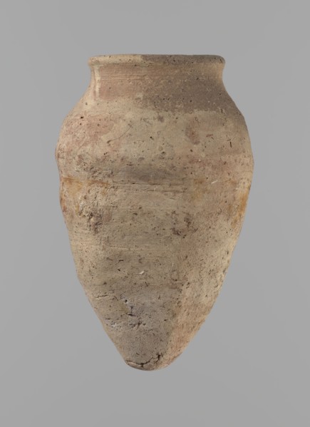 Vessel with hieratic inscription. Conical clay vessel tapering toward the bottom, irregular, widest