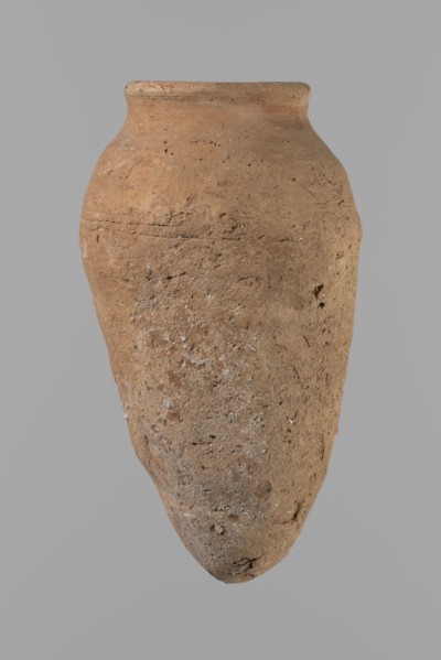Vessel with hieratic inscription. Conical clay vessel tapering toward the bottom, irregular; widest