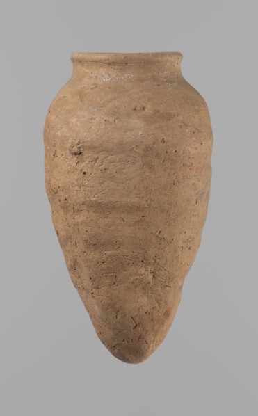 Vessel with hieratic inscription. Clay ceramic hand-made vessel, turned in the upper part neck,