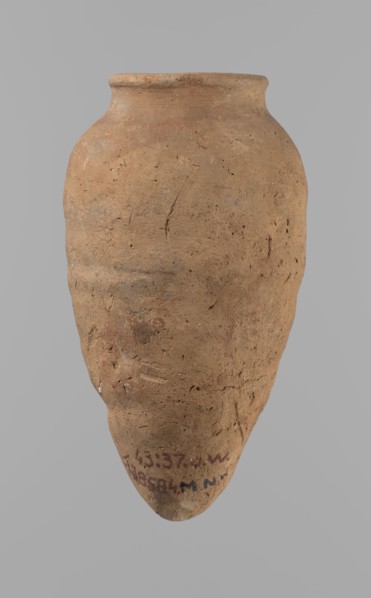 Vessel with hieratic inscription, Egyptian pottery, clay vessel, hand-made and turned in the upper