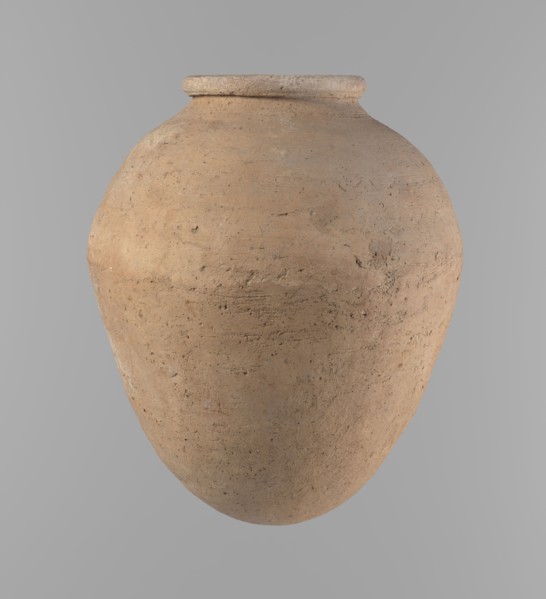 Vessel, Egyptian clay vessel of ovoid, slightly downward-stretched shape, widest at about 2/3 of