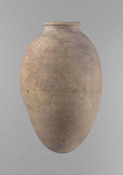 Vessel, unknown creator; ceramics, Egyptian clay vessel with ovoid belly, widest about halfway up.