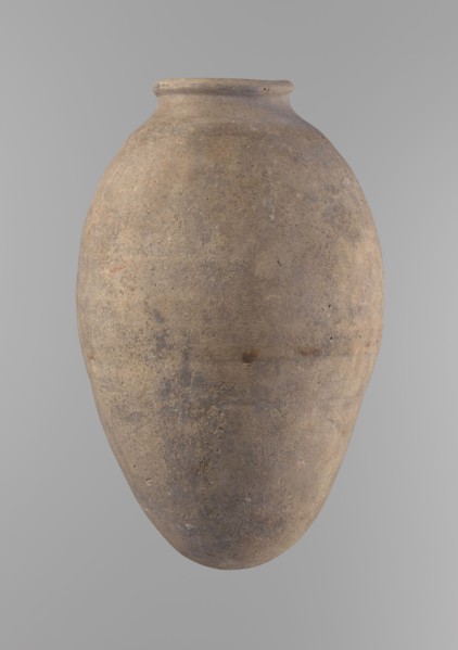 Vessel with an ovoid belly, widest about halfway up. Wide, short, almost cylindrical neck with a