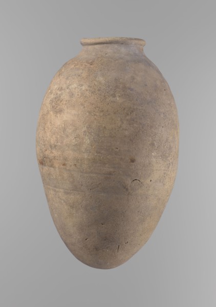 Vessel, Ceramics, Egyptian clay vessel with an ovoid belly, widest about halfway up. Wide, short,