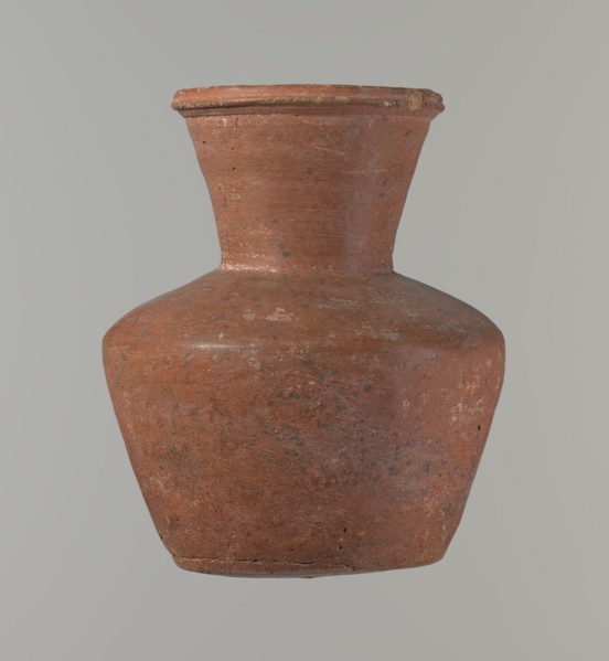 Vessel, Medium-sized clay jug with a biconical body, widest at about half its height. Wide