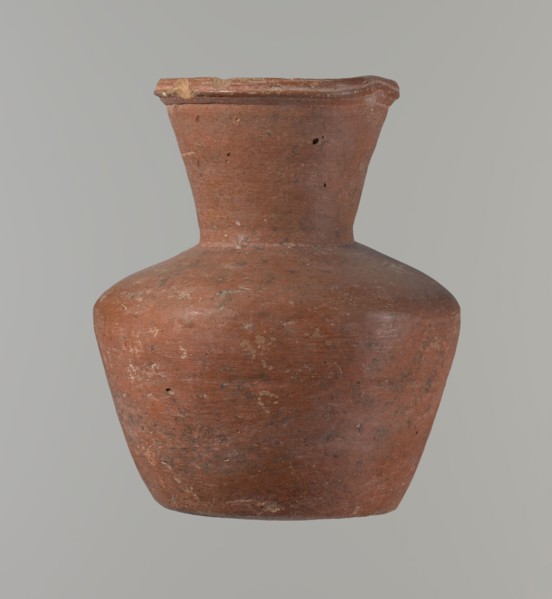 Vessel, Medium-sized clay jug with a biconical body, widest at about half its height; wide
