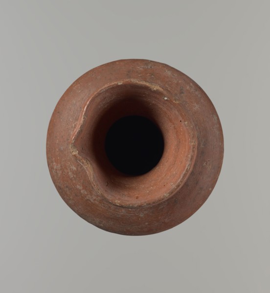Vessel, Medium-sized jug with a biconical body, widest at about half its height; wide shoulders,