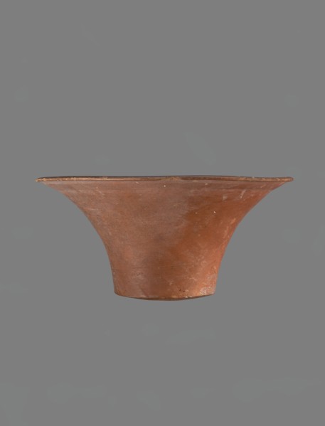 Bowl, Deep, cup-shaped clay bowl with a slightly convex bottom and sides arching upwards; straight,