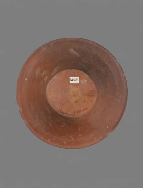 Bowl, Deep, cup-shaped clay bowl with a slightly convex bottom and sides arching upwards; straight,