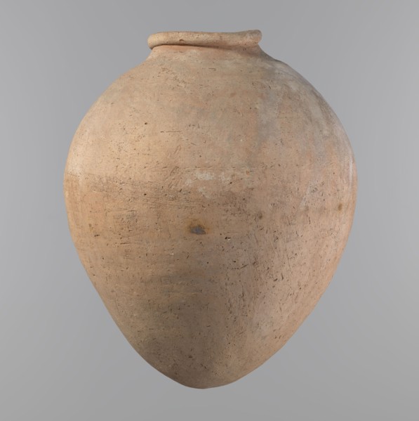 Vessel, Egyptian pottery, hand-made clay vessel of an ovoid, slightly downward-stretched shape,