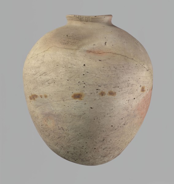 Vessel, Egyptian pottery, clay vessel of ovoid, slightly downward-stretching shape, widest at about