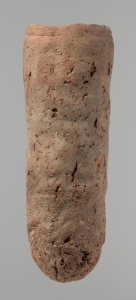 Vessel, Egyptian pottery, hand-made clay vessel. An almost cylindrical vessel, widest in its upper
