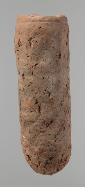Vessel, Egyptian pottery, handmade clay vessel. An almost cylindrical vessel, widest in its upper