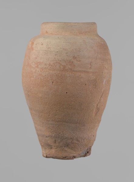 Vessel, beer jug of slightly irregular conical shape with a wide, very short neck and flat bottom;