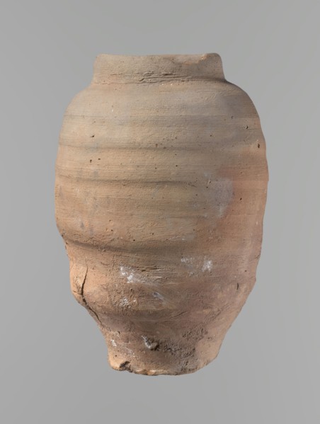 Vessel. Beer jug of slightly irregular, conical shape with a wide, very short neck and flat bottom.