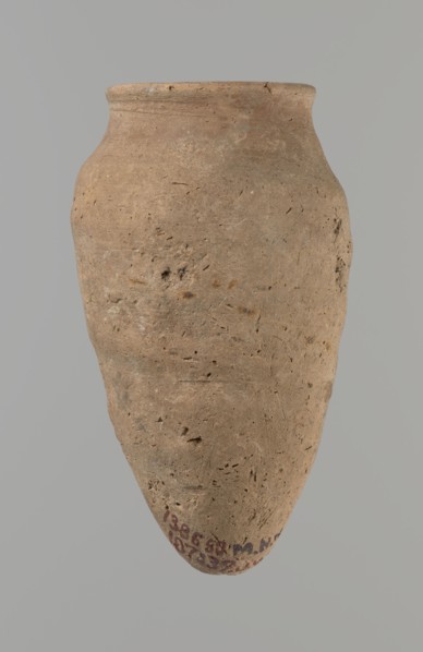 Vessel with hieratic inscription, Egyptian pottery, ceramic conical vessel tapering towards the