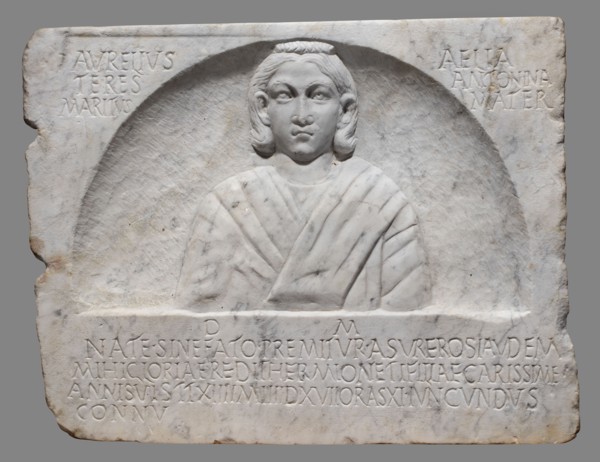 Funerary stele with a depiction of the deceased Hermiones and a Latin inscription, unknown Roman