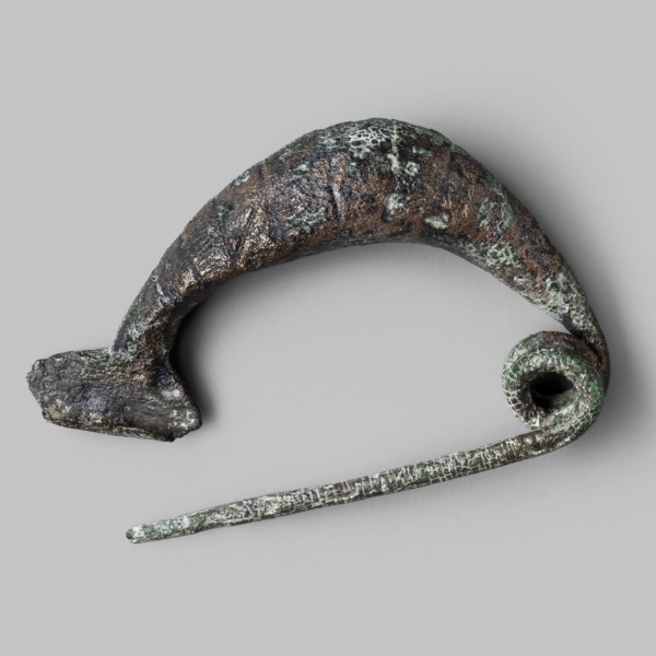 Leech fibula with a short stem, Bronze fibula with an arched thickening and a full bow. Short clasp