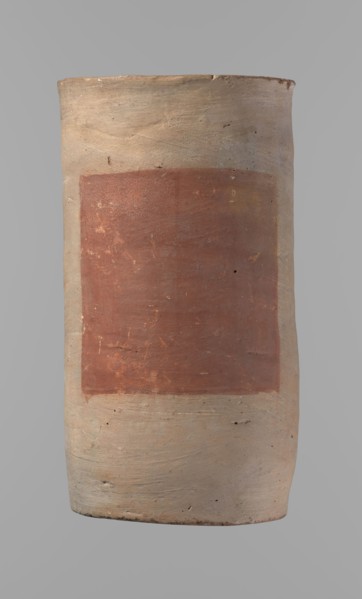 Canopic urn. Clay canopic urn with a cylindrical shape and a flat bottom; flat, straight rim.