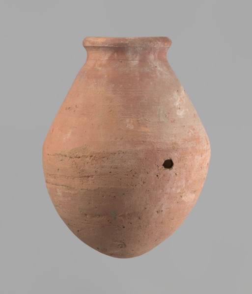 Vessel, Egyptian ceramic vessel with an ovoid belly, a wide short neck and a rounded bottom;