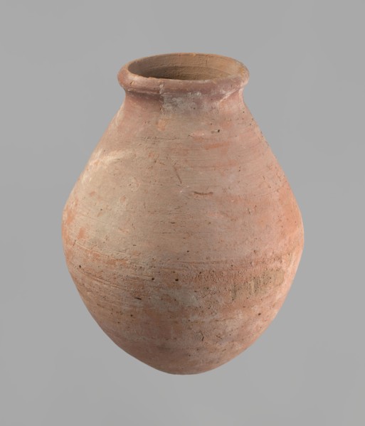 Vessel with an ovoid belly, a wide short neck and a rounded bottom. Straight, upturned rim.