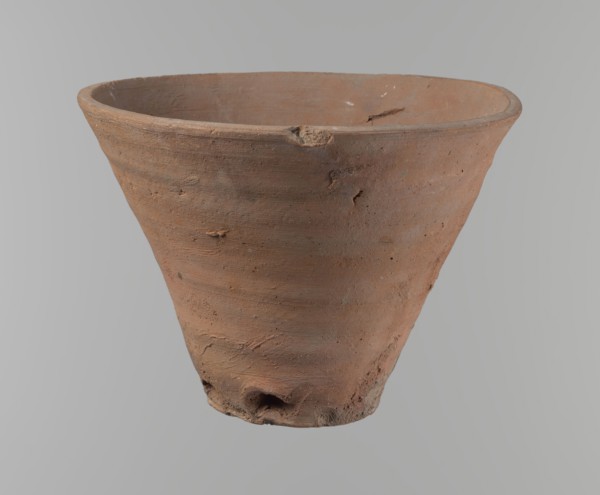 Bowl. Vessel flower pot with a conical shape and a flat bottom. Irregular walls. Straight, flat,
