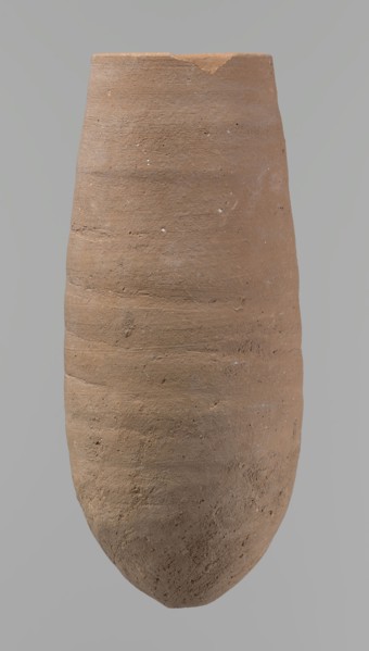 Vessel with a conical shape and a pointed bottom. Straight, tapering rim. Made on the wheel of Nile