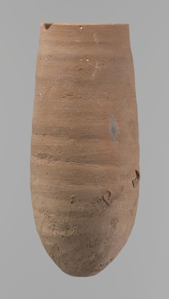 Vessel, Vessel with a conical shape and a pointed bottom; straight, tapering rim. Wheel-made of