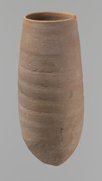 Vessel, Vessel with a conical shape and a pointed bottom. Straight, tapering rim. Made on the wheel