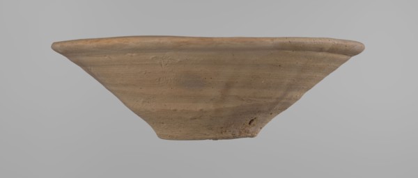 Bowl, Bowl with a conical shape and a flat bottom, slightly asymmetrical. Straight, flaring rim.