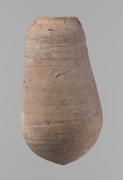 Vessel, Egyptian pottery ceramic clay vessel, New Kingdom, from Deir el-Medina; vessel, height 18.5
