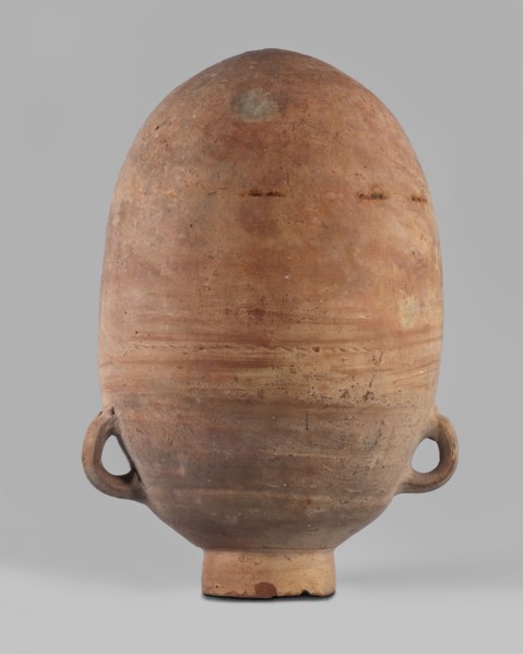 Vessel, Storage vessel amphora with an ovoid body, rounded bottom, and short cylindrical neck.