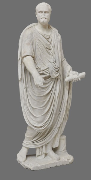 Roman statue, unknown Roman workshop. The figure of a standing man dressed in a tunic and toga,