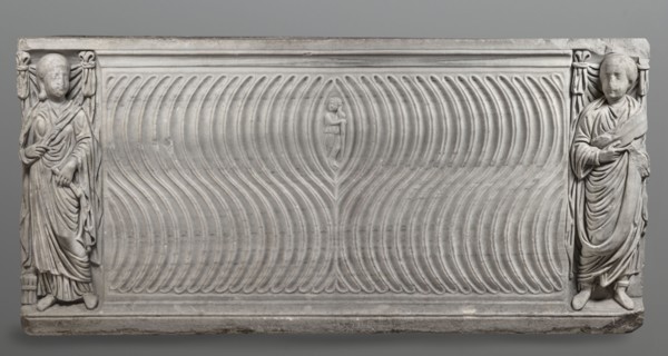 Sarcophagus with a depiction of a married couple and a shepherd, unknown Roman workshop. A large