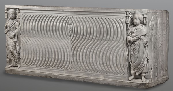 Sarcophagus with a depiction of a married couple and a shepherd, unknown Roman workshop. A large