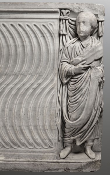 Sarcophagus with a depiction of a married couple and a shepherd, unknown Roman workshop. A large