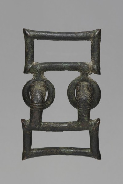 Buckle, Bronze buckle consisting of two rectangular parts with joints; one part has hooks shaped as