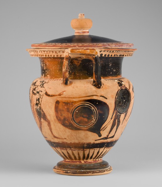 Column krater with lid, unknown Attic workshop, Black-figure krater with lid. Red clay, tinted with