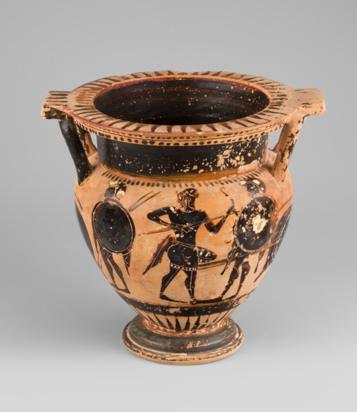 Column krater with lid, unknown Attic workshop. Black-figure krater with lid. Red clay, tinted with