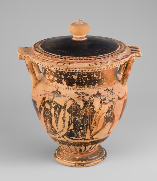 Column krater with lid, unknown Attic workshop. Black-figure krater with lid. Red clay, tinted with