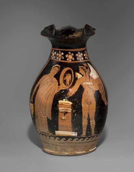 Red-figure oinochoe depicting a woman with a mirror and Eros, Apulia, late 4th century BC, vessel