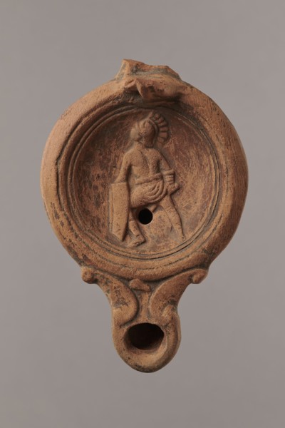 Lamp decorated with a depiction of a gladiator so-called Samnite, unknown Roman workshop,