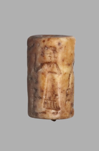 Cylinder seal with a presentation scene and a cuneiform inscription, unknown Akkadian workshop;