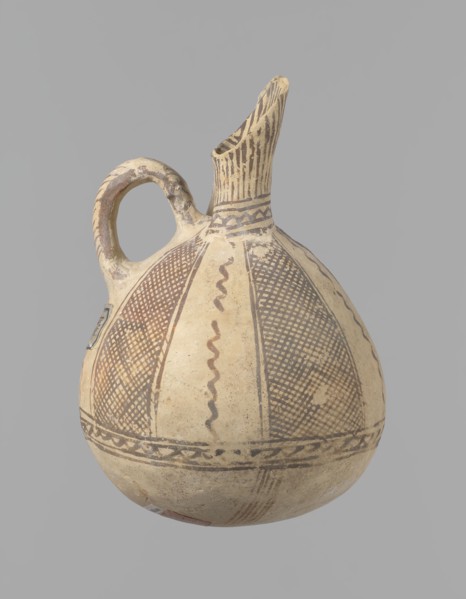 Jug, unknown Cypriot workshop. White painted ware jug with a spherical bottom, a bulging
