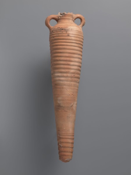 Amphora, unknown Aswan workshop. Spindle-shaped amphora made of pink kaolin clay Gempeler clay IA,
