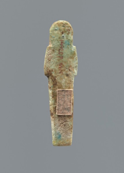 Ushabti, Mummy-shaped figurine, funerary gift, funerary hoe. Hands folded on the chest, uncrossed,