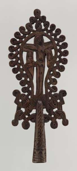 Processional cross, Ethiopian workshop. The pear-shaped frame depicts Christ on the cross with John